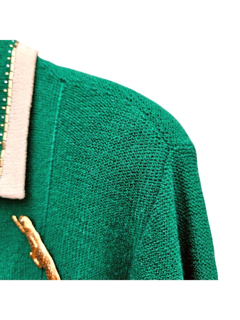 Vintage 80s Rich Levy Green Wool Knit Cardigan Leopard Brooch Womens L - Picture 10 of 14